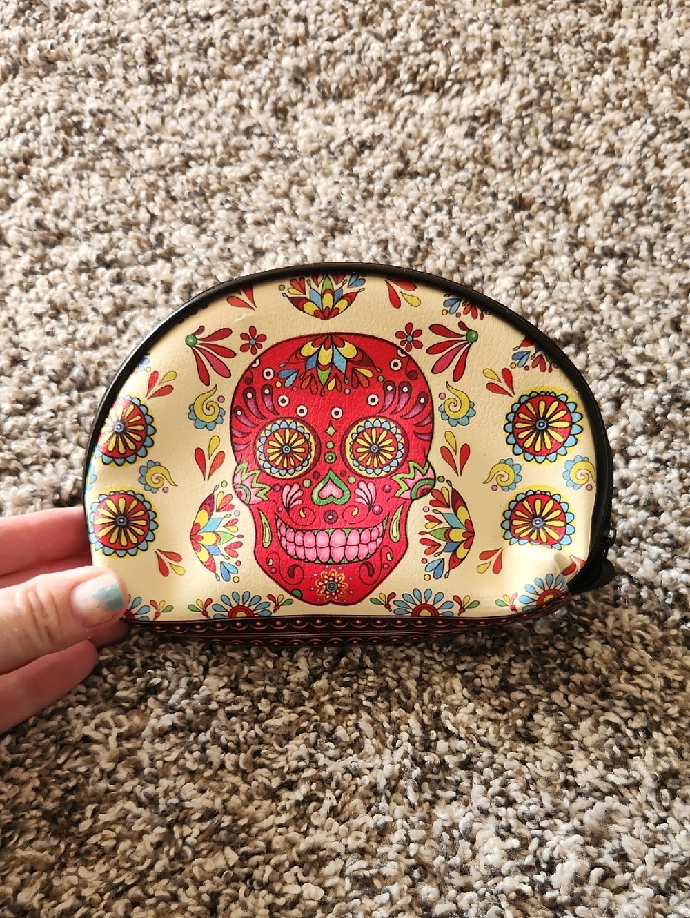 Sugar Skull Cosmetic Pouch in Cream and Red